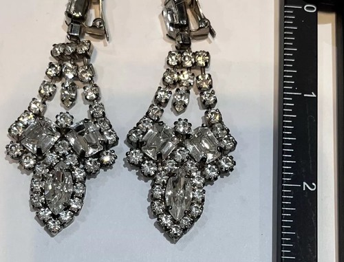 Cubic Zirconia Vintage Earrings CLIP ON 3 in. 7 cm Rhinestone Bling Cascade Glam - Picture 4 of 11