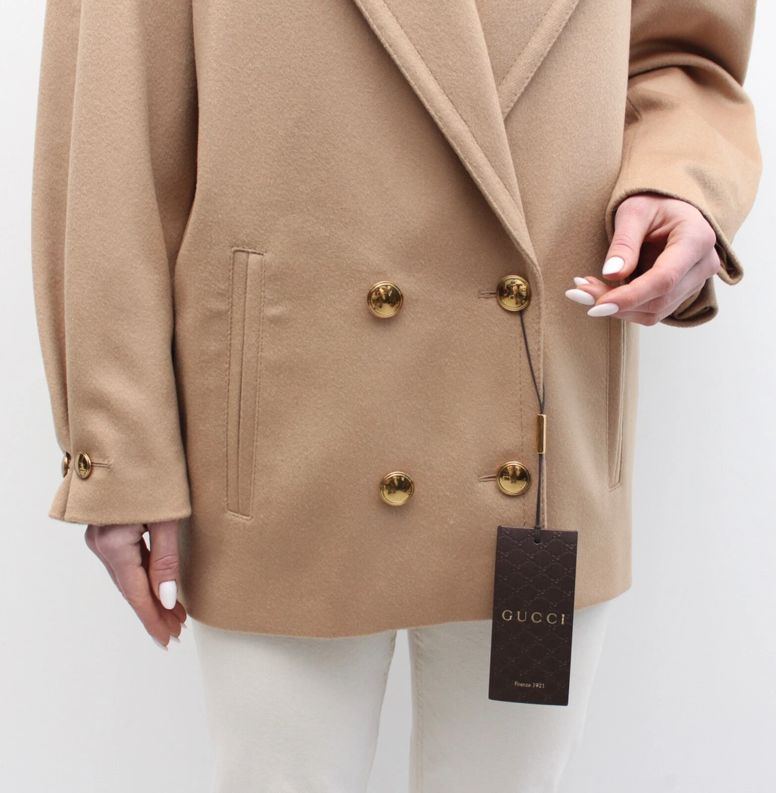 Nuovo con etichetta! Autentico cappotto donna Gucci lana cammello soprabito bottoni oro RARO 40 ~S M