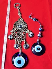 2 Mati Hamsa Greek Protection Evil Eye Hand Turkish Blue glass pendant charms