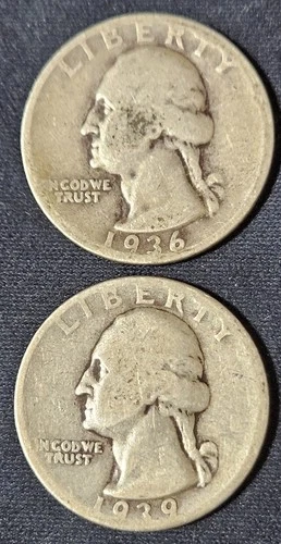 Vintage 1936 & 1939 Washington Silver Quarter Lot – 90% Pure