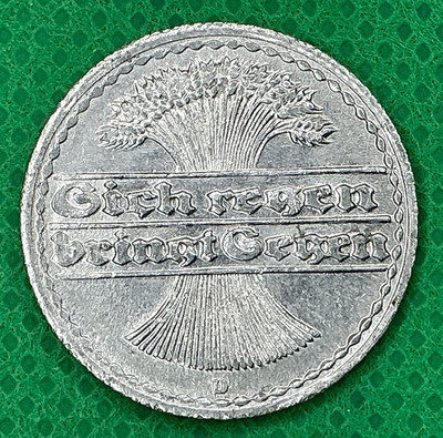 1921-D Germany 50 Pfennig Aluminum Coin - Weimar Motto Wheat Sheaf KM#27