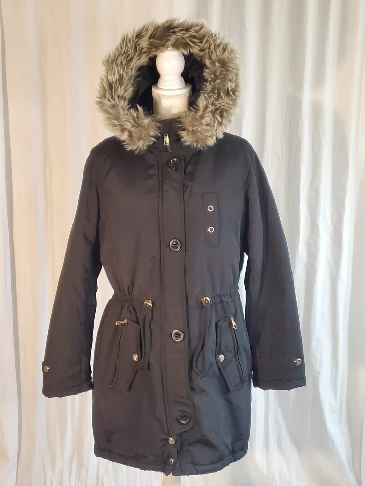 Parka Steve Madden negra ribete y forro de piel sintética capucha extraíble talla M Penny Lane Foto 2 de 4