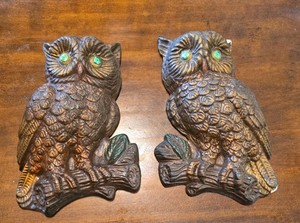 Vintage Owl Pair Wall Art Mid-Century Modern Black & Gold Ceramic Plaster