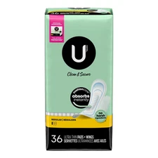 U by Kotex Clean & Secure Ultra Thin Pads with Wings, Regular Absorbency, 36 Ct
