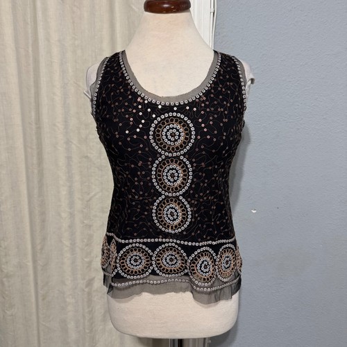 Max Studio Black Embellished Sequins Circle Design Sleeveless Sheer Trim Top S
