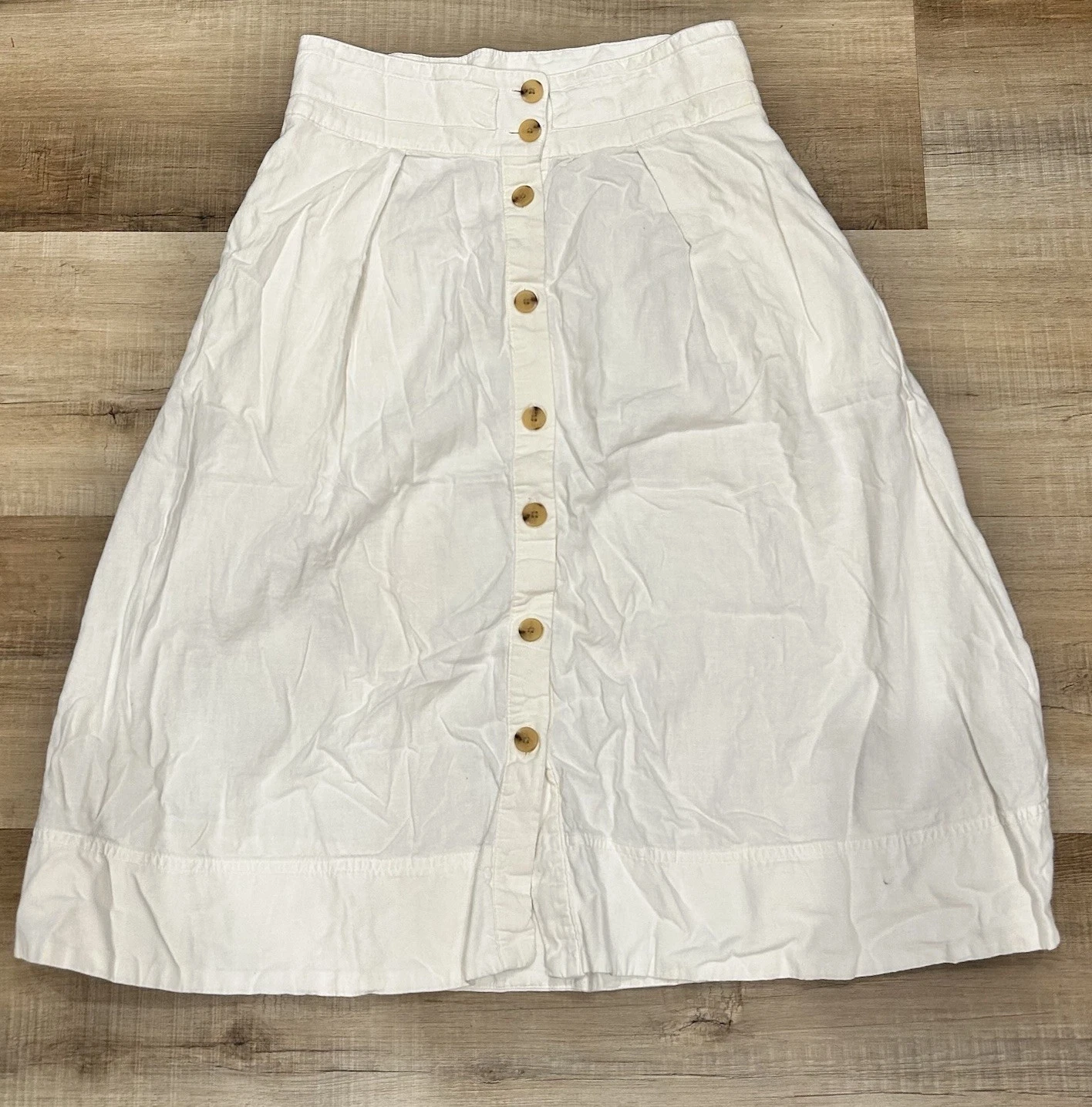 A New Day White Boho Coastal Grandma Linen Blend Midi Skirt Size Small Button Up