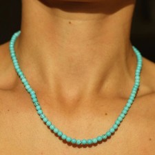 Natural Blue Turquoise Choker Dainty Necklace Round 3mm Beads Healing Gift Woman