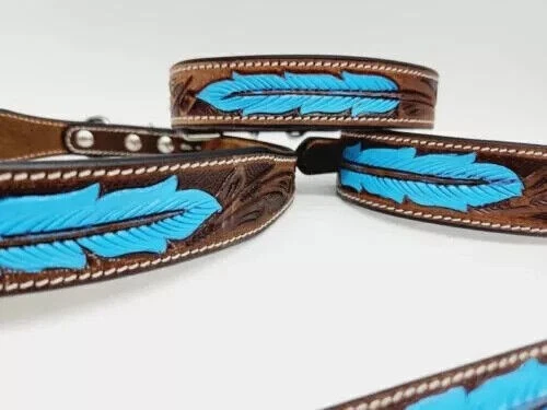 Leather Dog Collar Aqua Feather Tooled Collar Hand Painted For Your Pet.