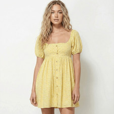 Line & Dot Hailee Floral Mini Dress Medium Yellow Puff Sleeve Babydoll Cottage