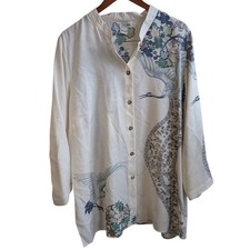 Citron Santa Monica 100% Silk Unique Bird Print Long Sleeve Button Up Size 1x