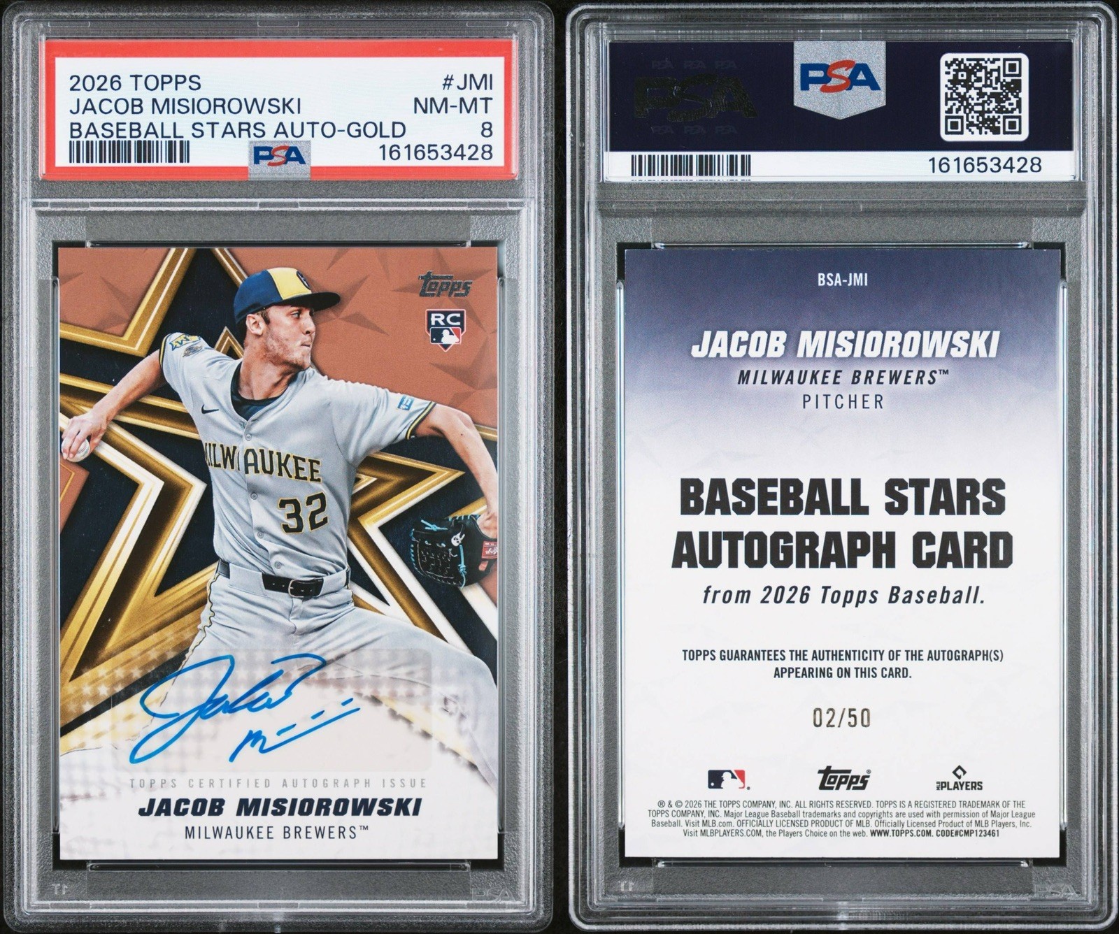 2026 TOPPS JACOB MISIOROWSKI AUTO-GOLD BASEBALL STARS /50 PSA 8 Cy Young 🔥 RC view 3