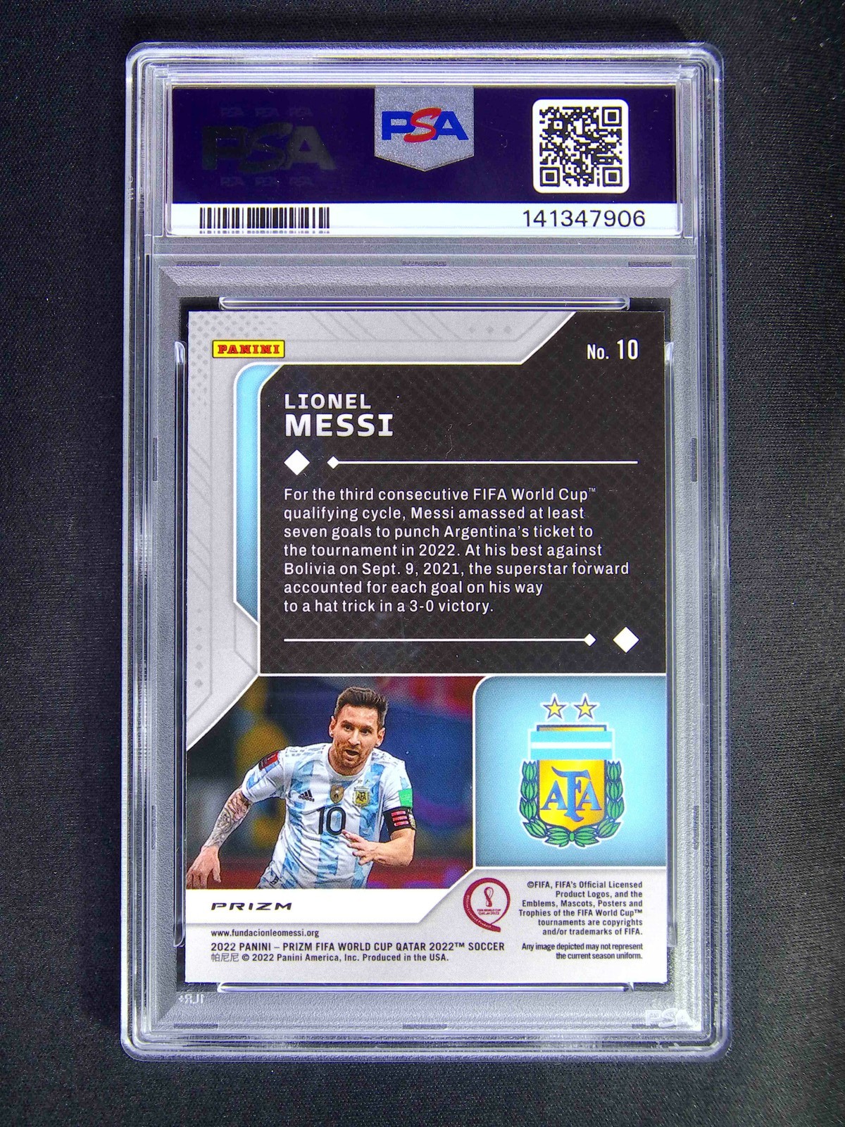 2022 Panini Prizm World Cup Qatar Lionel Messi #10 Scorers Club Silver PSA 9 view 2
