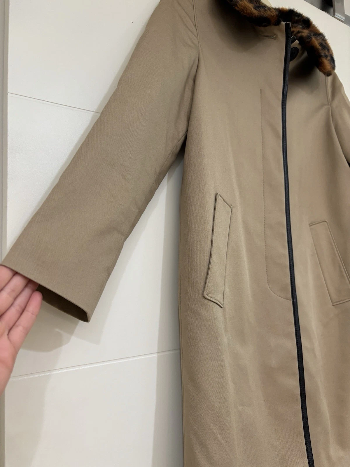 Coach Cappotto Donna Cachi Pelle Bordo Pelliccia Collo Foderato Floreale Trench Tg 0