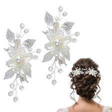 2 PCS Flower Girl Hair Clips, Bridal Silver Leaf Vine Clip for White