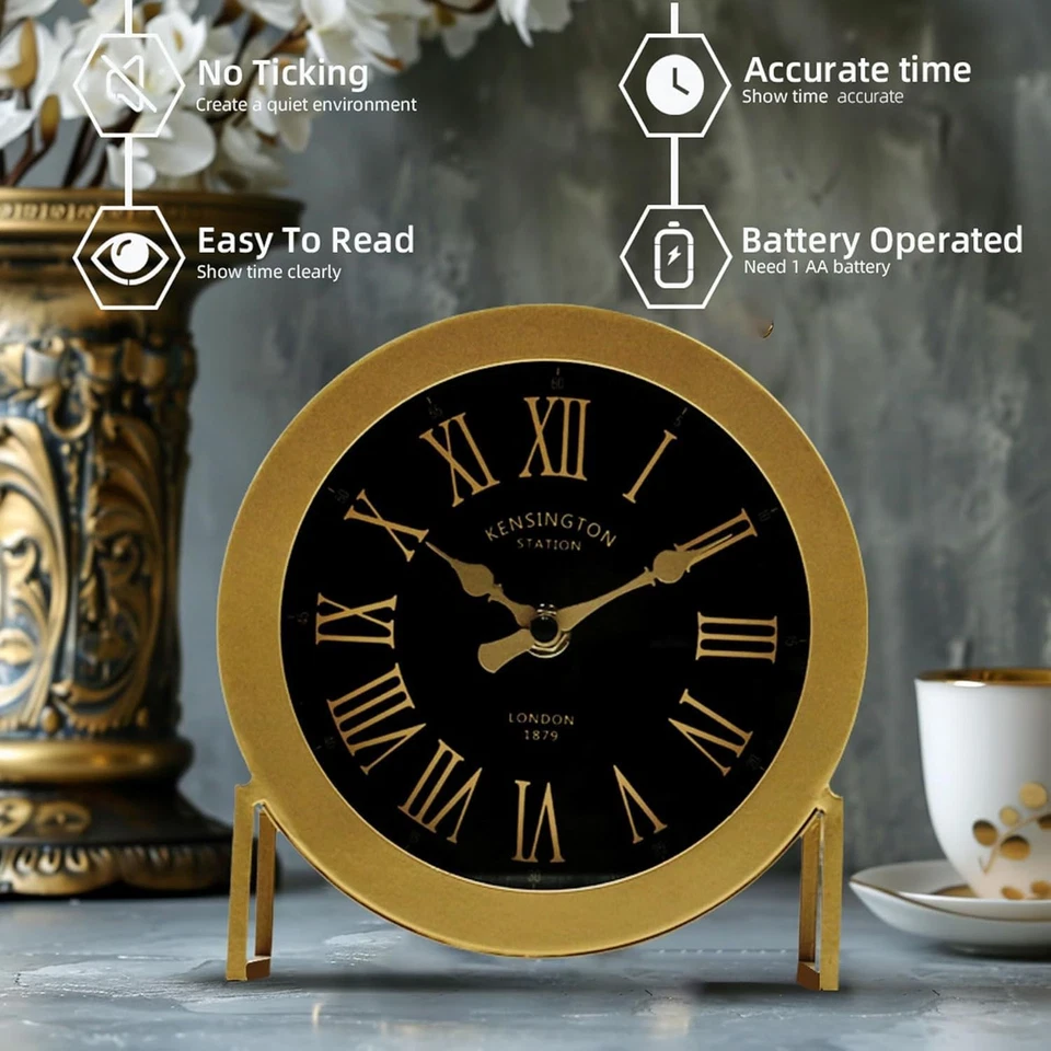 Vintage Desk Clock, Small Gold Table Clock, Silent Non-Ticking Classic Batter... - Image 4 of 4