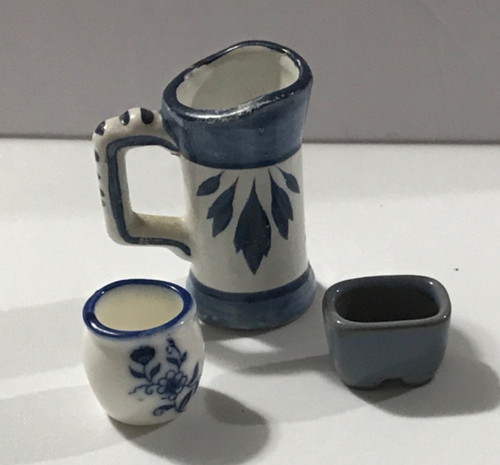 Dollhouse Miniature Blue and White Porcelain Pitcher & 2 Planters