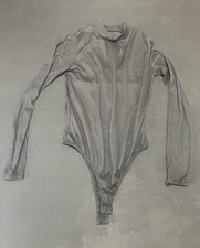 Women's Gray Solid Long Sleeve Stretch Bodysuit One-Piece Regular Size S