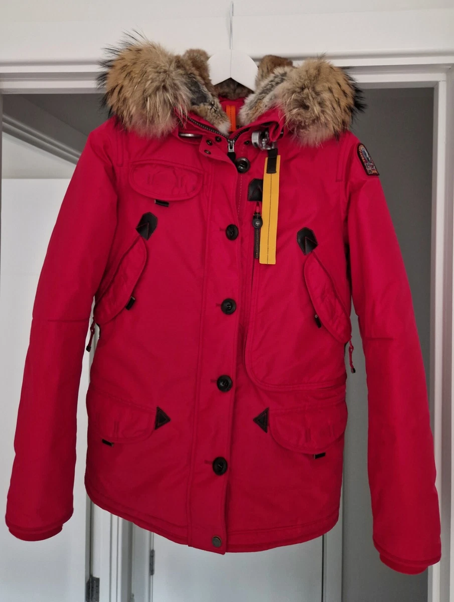 PARAJUMPERS RED KODIAK WOMENS PARKA MEDIUM UK 12 REAL FUR HOOD DETACHABLE