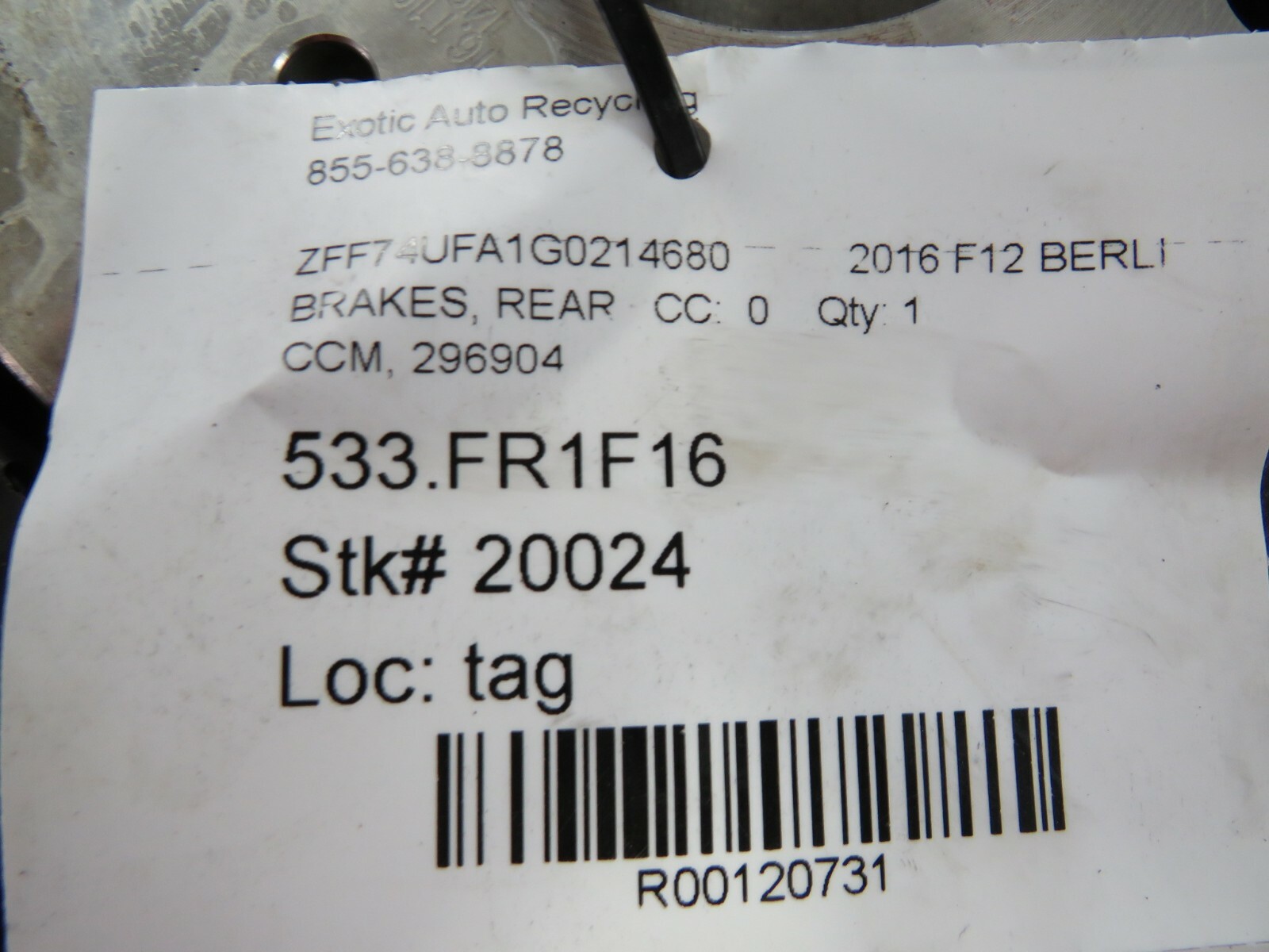 Ferrari F12 Berlinetta, Rear Carbon Ceramic Brake Disc, Used, P/N 296904