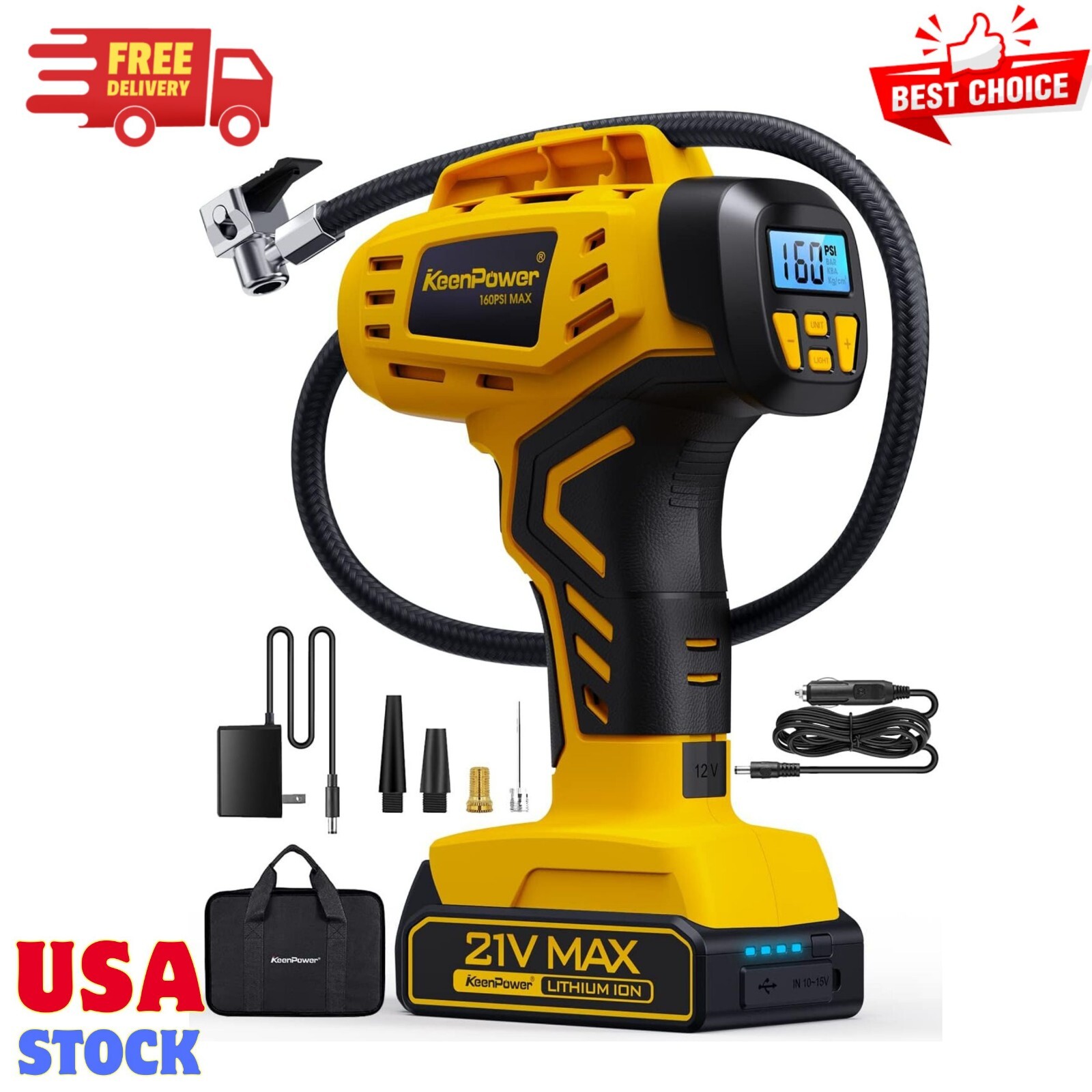 KeenPower Tire Inflator Portable Air Compressor - 2X Faster - 21V Rechargeable