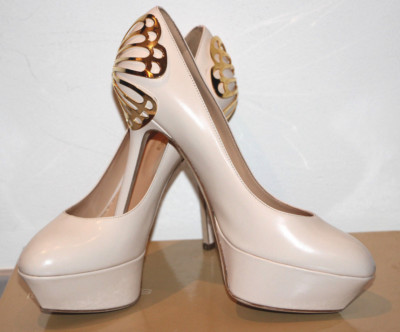 SERGIO ROSSI BUTTERFLY PLAQUE PLATFORM PUMP in NUDE / GOLD sz 37 1/2  $1495
