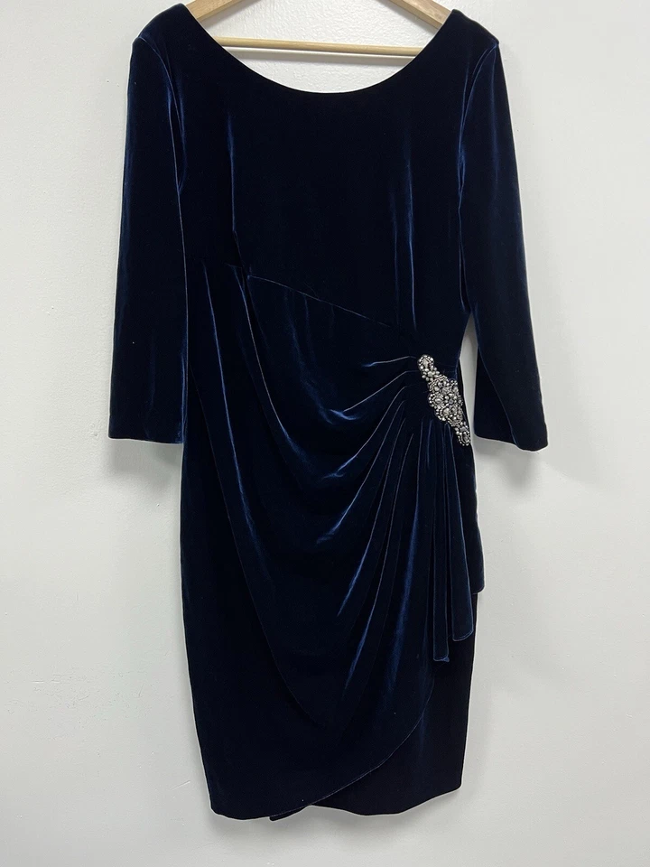 ALEX EVENINGS Plus Size Ruched Velvet Dress Blue Stones Size 16 A000149 - Image 4 of 4