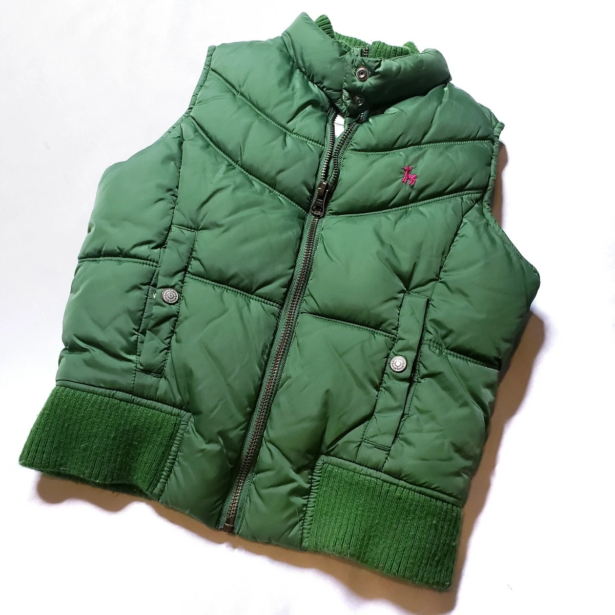 Old Navy Girls Green Vest Puffer Fleece Lined Pink Deer Logo Size M