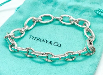 Tiffany & Co. Blau Emaille Verschluss Oval Gliederarmband Silber Charm 7,5''