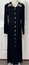 Sz 10 Vintage Black Embroidered Collar Long Sleeve Pleated Button Down Up Maxi 