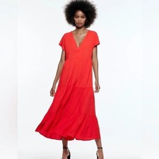 Zara Tiered Midi Dress Red Orange V-Neck Lightweight Linen Blend