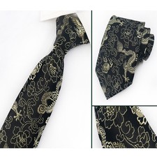 Men Black 8CM Wide Chinese Dragon Floral Jacquard Necktie Wedding Formal Tie