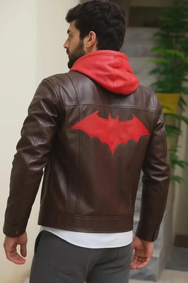 Jason Todd Leather Biker Jacket - Red & Brown Bat Emblem Genuine Leather Cosplay