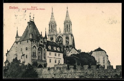 Postcard Meissen, castle gate, west towers of the cathedral, Wagner's wine bar 1911 