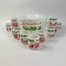 Vtg Tom Jerry Milk Glass Punch Bowl 10 Auld Lang Syne Mugs Egg Nog Christmas