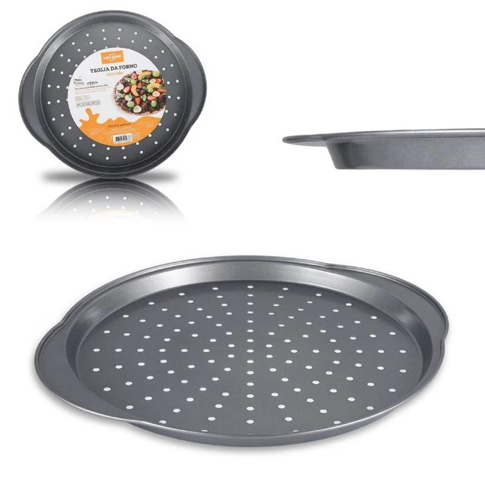 Relaxdays Teglie Forate per Pizza Rotonde, Set da 4, Acciaio Carbonio Antiaderente, Supporto Inox da Forno, Impilabile