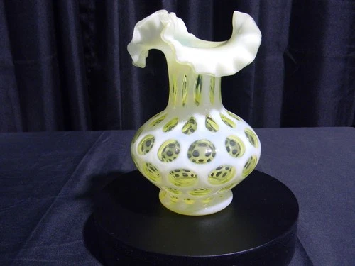 RARE FENTON CANARY YELLOW VASELINE COIN DOT OPALESCENT RUFFLED TOP VASE 7"