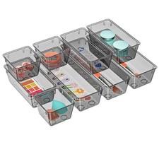 9 Pack Clear Drawer Organizer Set, Drawer Storage Trays, Storage Bins Black