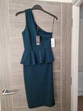 Ladies One Shoulder Green Body Con Dress With Peplum Detail Size 10