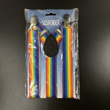 Unisex Elastic Rainbow Suspenders Silver Tone Metal Clip-Ons Y Style Adjustable