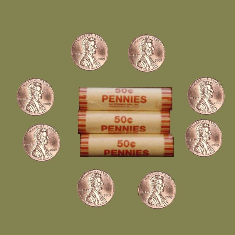 3  bank-wrapped  2009 - P  BU rolls - 150 Unc Lincoln pennies - Unknown Reverse