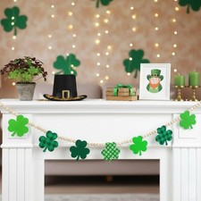 4.2 FT St. Patrick  s Day Shamrock Beaded Garland with Green Wooden Beads and C