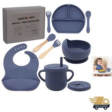 Baby Feeding Set Silicone 9pcs BPA Free Self Feed Toddler Utensils Bib
