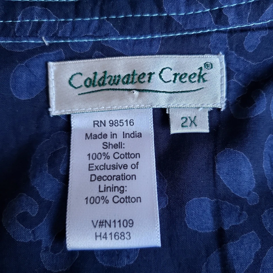 Chaqueta Coldwater Creek 2X Azul Algodón Batik Púrpura Floral Bordado Arte Para Usar Foto 3 de 4