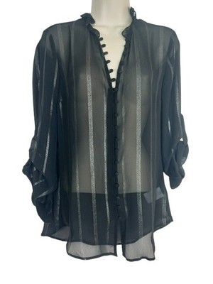 Express Womens Ruffle Neck Slim Portofino Shirt Sheer Metallic Stripe S New