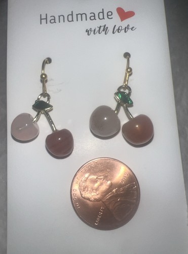 Pink Cherry Earrings W/ Gold, Hook Dangle, Fashion, Womens, Cherries, Fruit - Picture 3 of 4