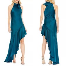 NEW MAC DUGGAL Teal SATIN Halter Neck RUFFLED Asymmetrical EVENING Dress GOWN 12
