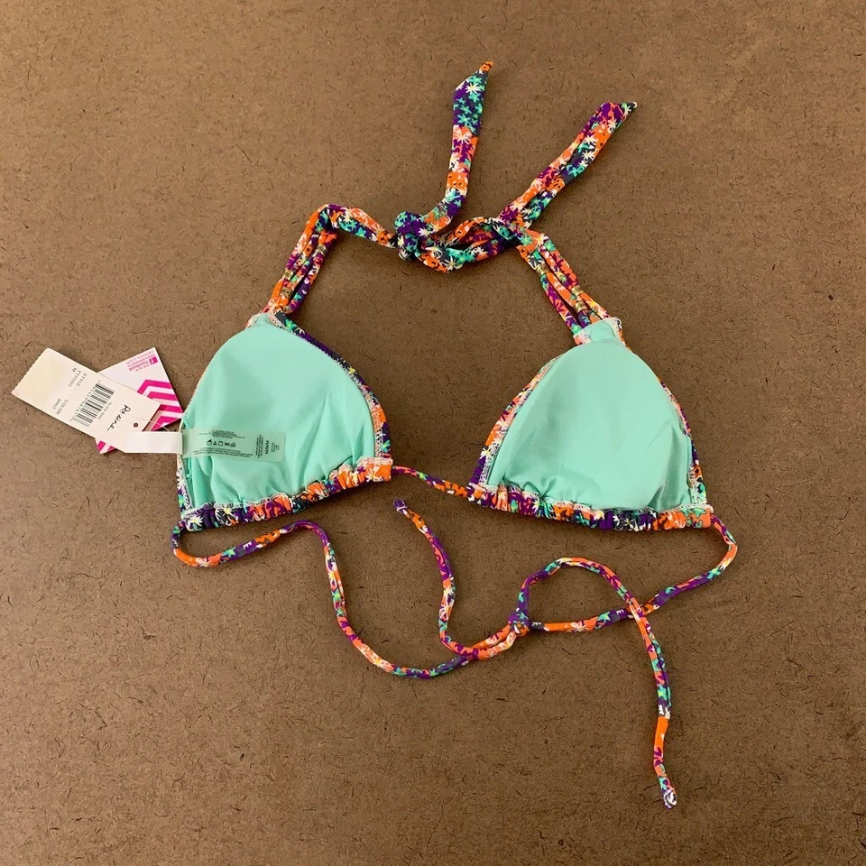 Top de natación de bikini con pasadas para mujer naranja púrpura floral elástico halter M nuevo Foto 2 de 4