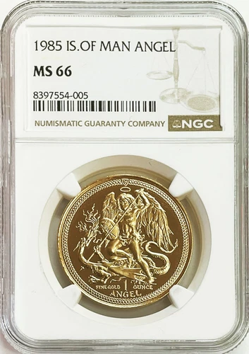 1985 GOLD ISLE OF MAN 1 OZ ARCH ANGEL MICHAEL DRAGON SLAYER NGC MINT STATE 66
