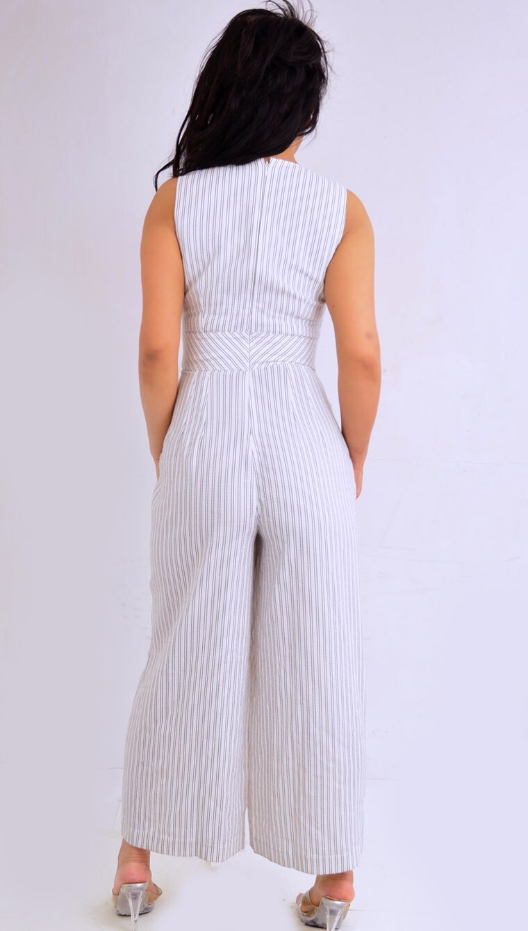 CALVIN KLEIN Ivory White Black Striped Wide Leg Romper Jumpsuit 2 S Small thumbnail 5