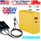 200W Super Fast Wall Charger Adapter USB+Type C 4FT 3in1 Cable For Cell Phone